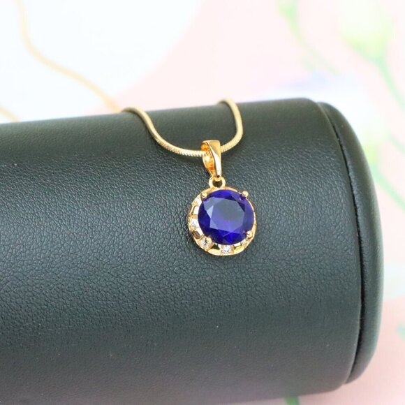 "Royal Blue Round Pendant with Sparkling Accents in Gold Finish, XPPT1647 - Picture 4 of 13